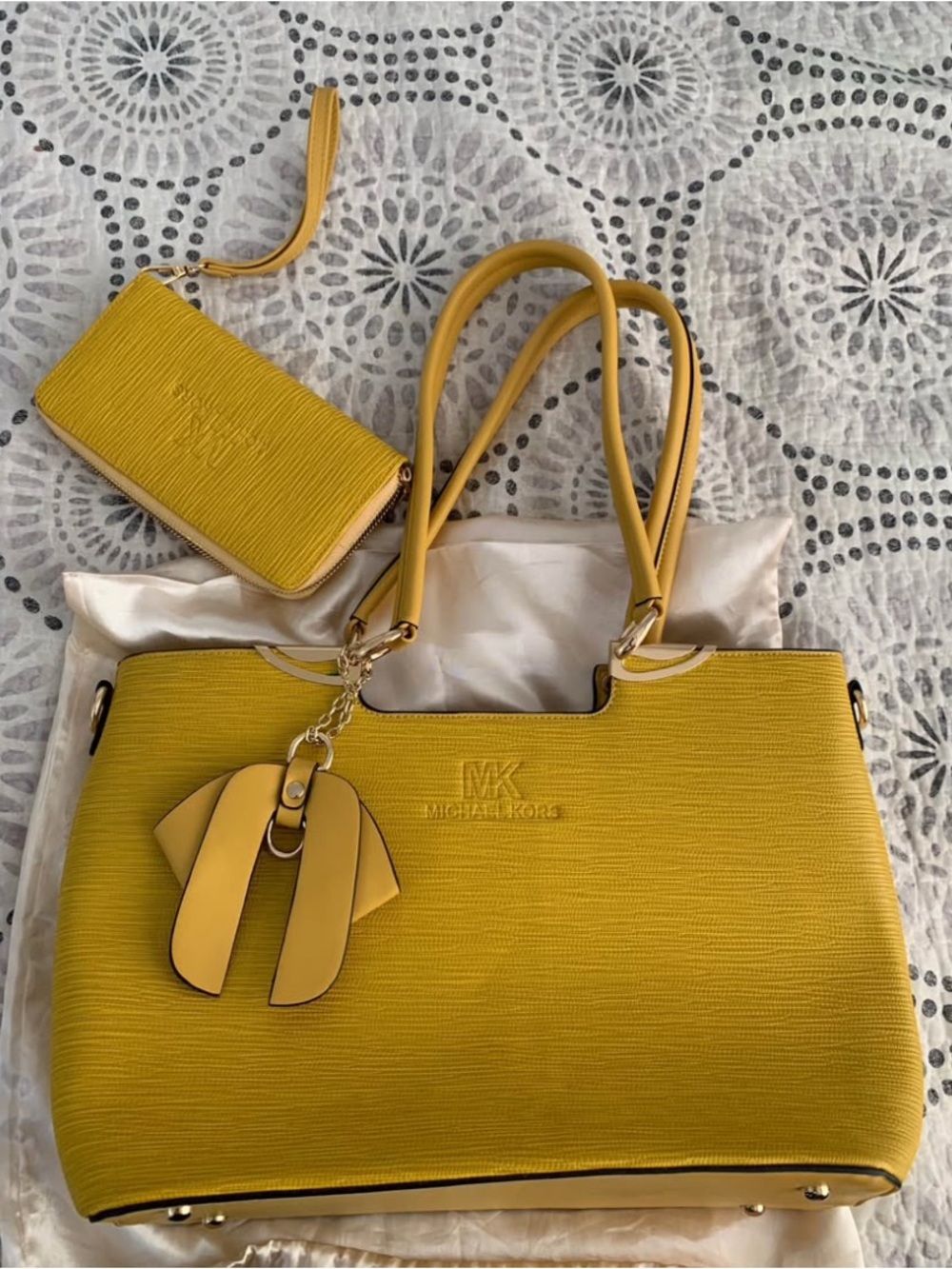 Michael Kors Yellow Leather Tote with Matching Wristlet and Charm